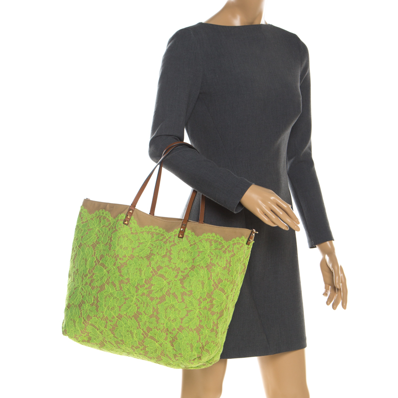 

Valentino Neon Green/Brown Canvas Reversible Glamorous Lace Tote