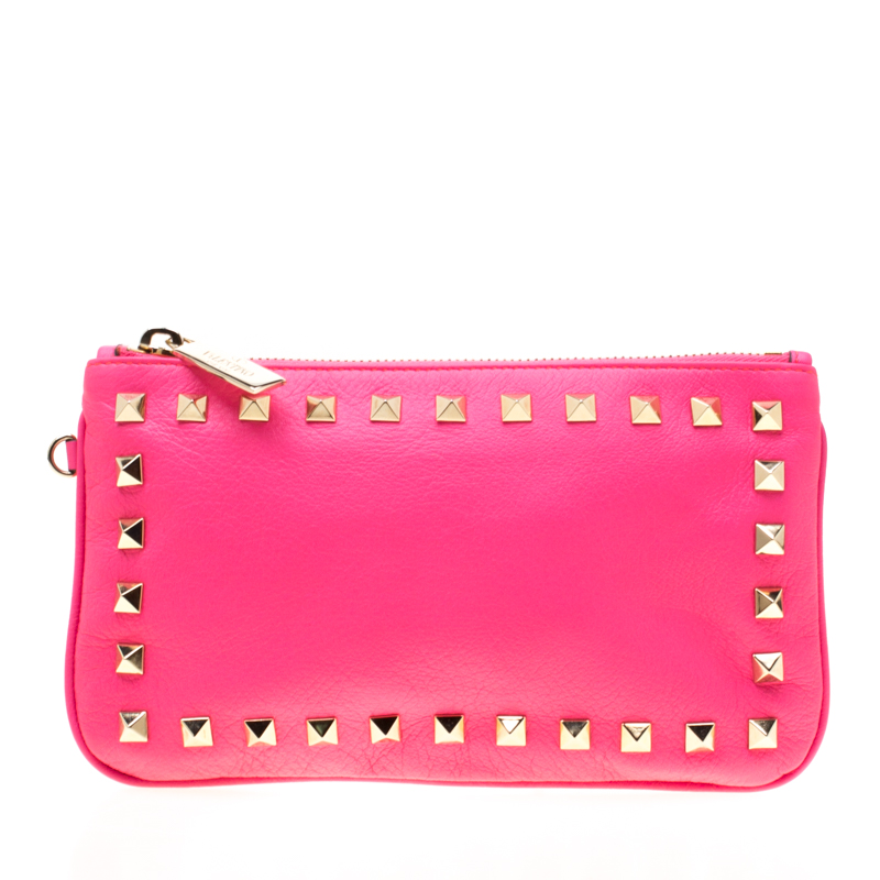 Pre Owned Valentino Neon Pink Leather Rockstud Wristlet Pouch