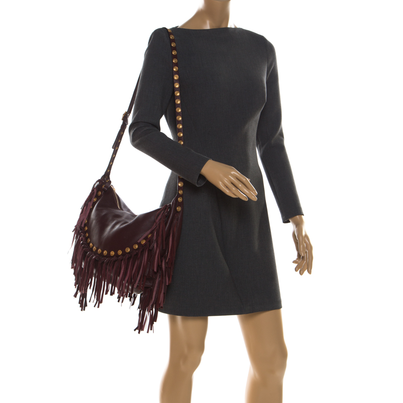 

Valentino Burgundy Leather C Rockee Studded Fringe Hobo