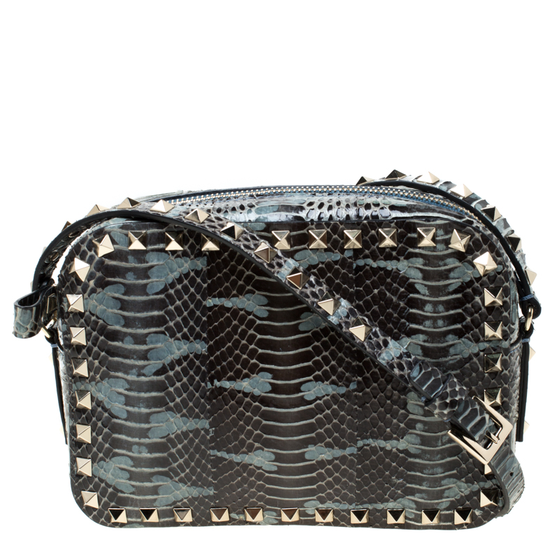 Pre Owned Valentino Black/Blue Python Embossed Leather Studded Crossbody Bag