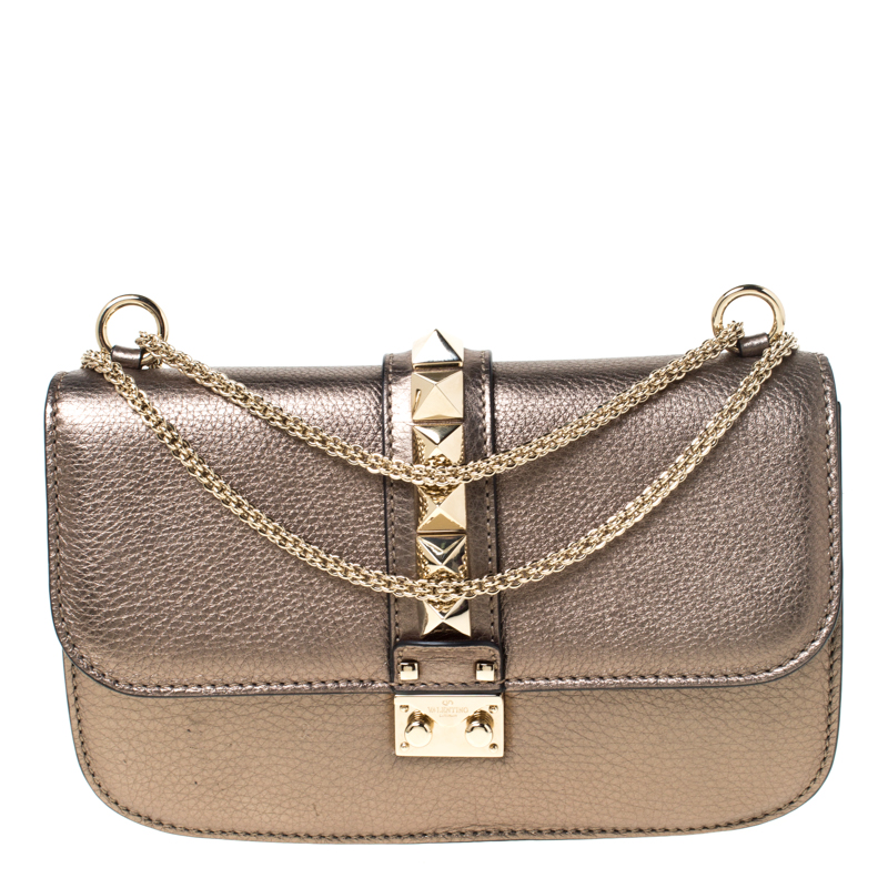 Pre Owned Valentino Metallic Leather Rockstud Medium Glam Lock Flap Bag