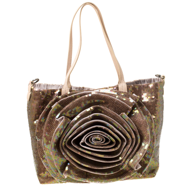 Pre Owned Valentino Beige/Bronze Sequins and Leather Petale Tote