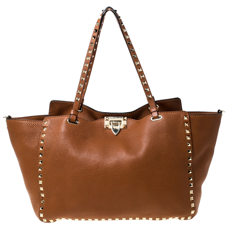 Pre Owned Valentino Tan Leather Rockstud Trapeze Tote