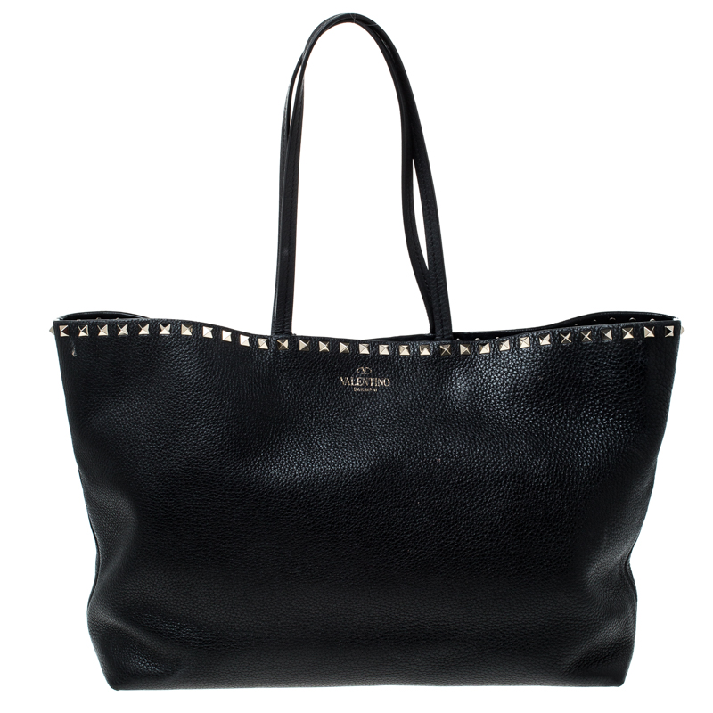 Pre Owned Valentino Black Leather Rockstud Shopper Tote