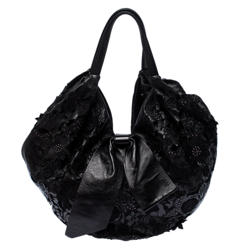Valentino Black Lace/Beads and Leather Hobo