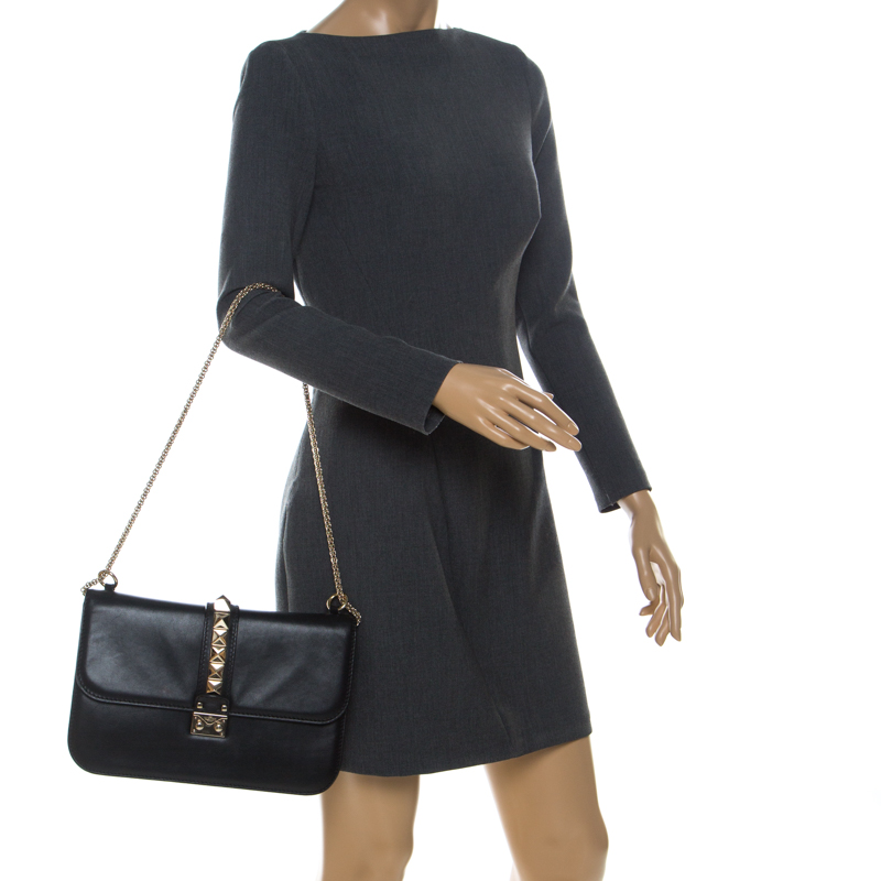 

Valentino Black Leather Rockstud Glam Lock  Flap Bag