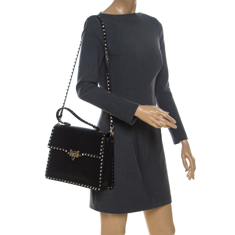 

Valentino Black Leather  Rockstud Top Handle Bag