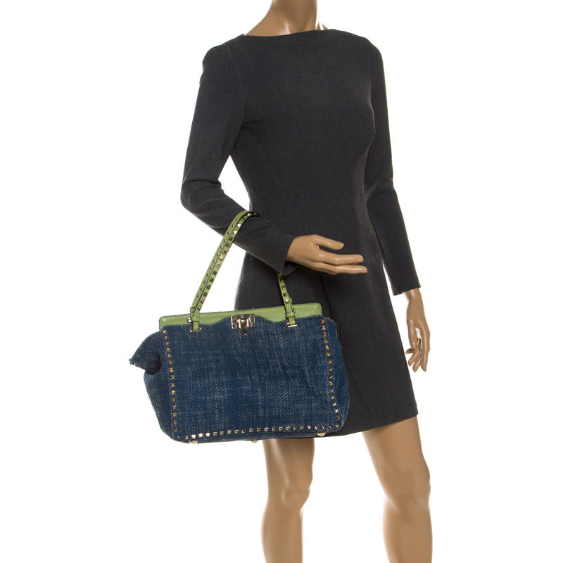 

Valentino Blue/Green Denim  Rockstud Trapeze Tote