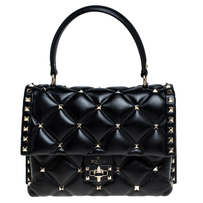 Valentino Black Quilted Leather Medium Candystud Top Handle Bag ...