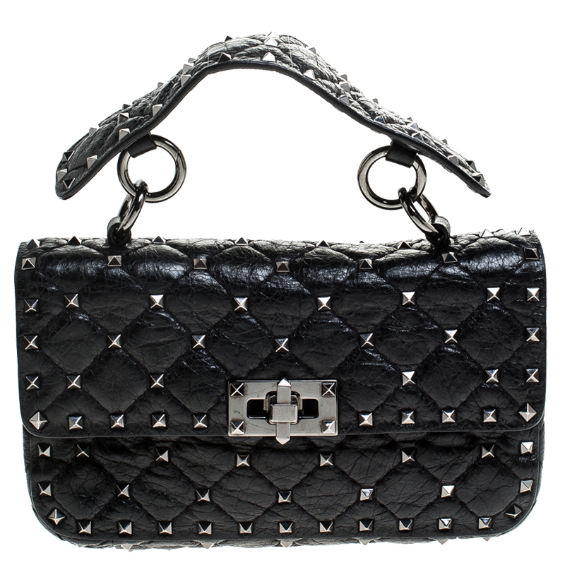Valentino Black Quilted Soft Crackle Leather Small Rockstud Spike Shoulder Bag