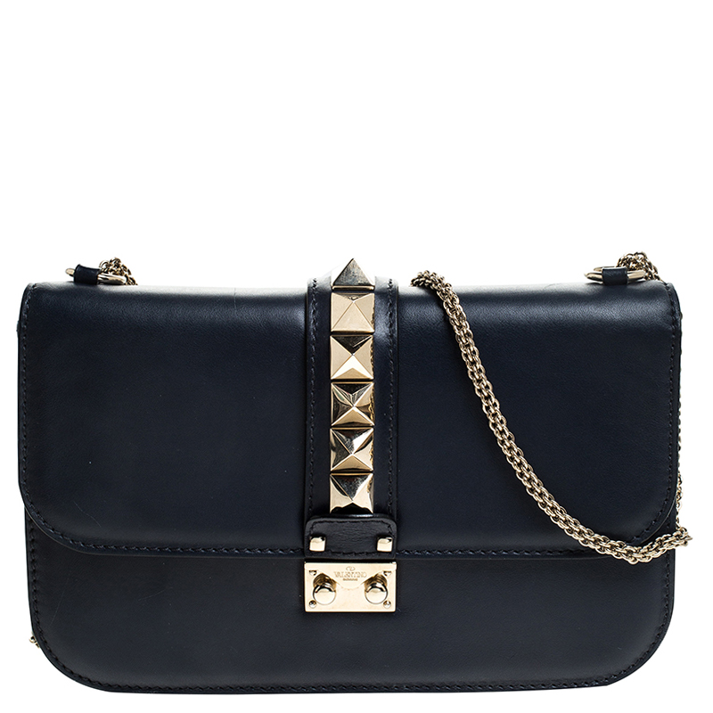 Valentino Navy Blue Leather Glam Lock Chain Shoulder Bag Valentino ...