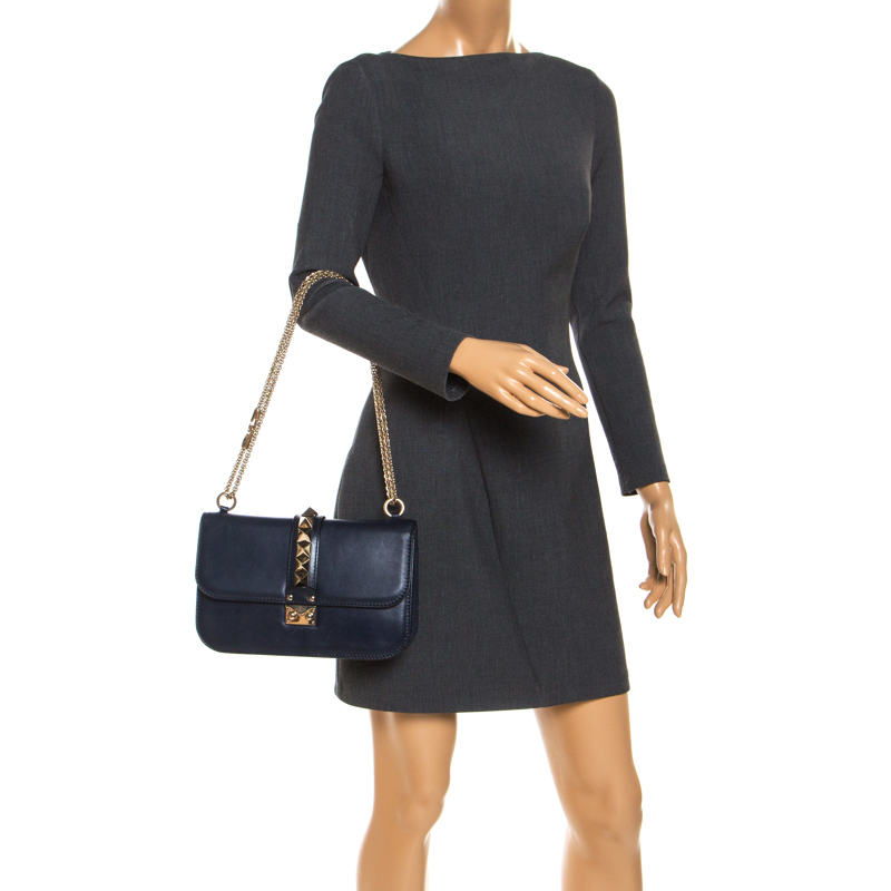 

Valentino Navy Blue Leather Glam Lock Chain Shoulder Bag