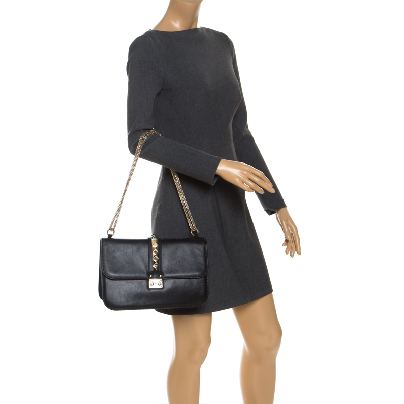 

Valentino Black Leather Rockstud Glam Lock Large Flap Bag