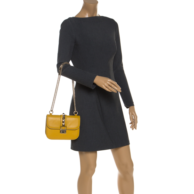 

Valentino Yellow Leather Small Glam Lock Flap Bag