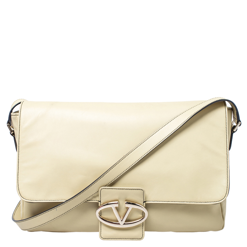 Pre Owned Valentino Light Yellow Leather Flap Shoulder Bag