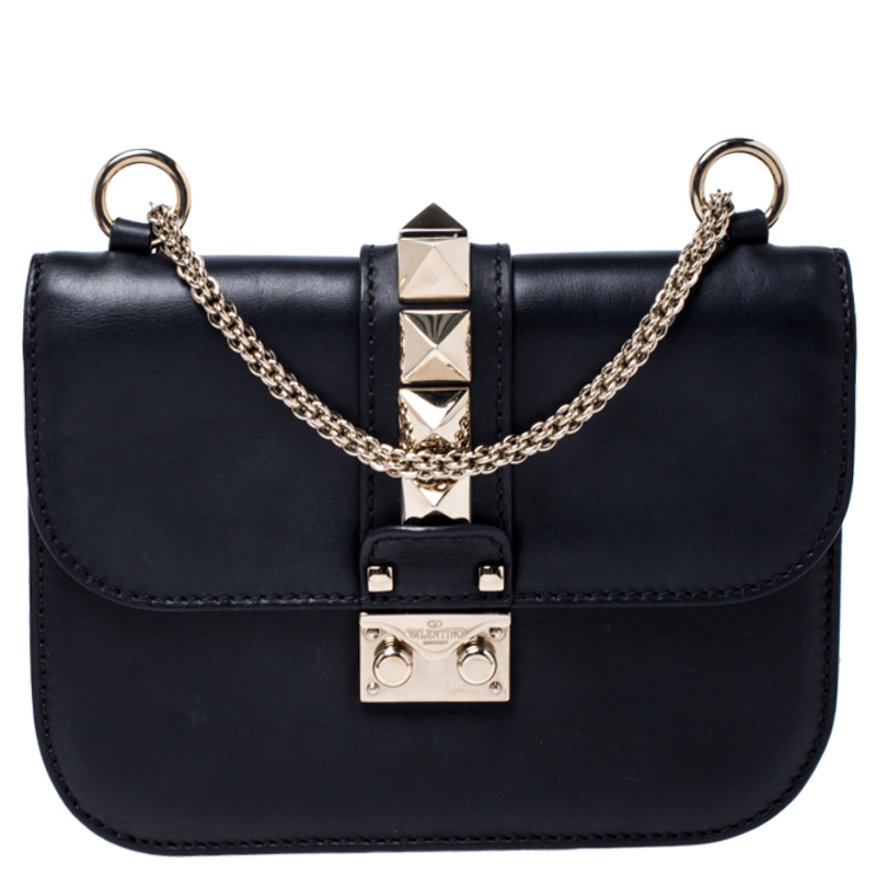Pre Owned Valentino Black Leather Small Rockstud Glam Lock Flap Bag