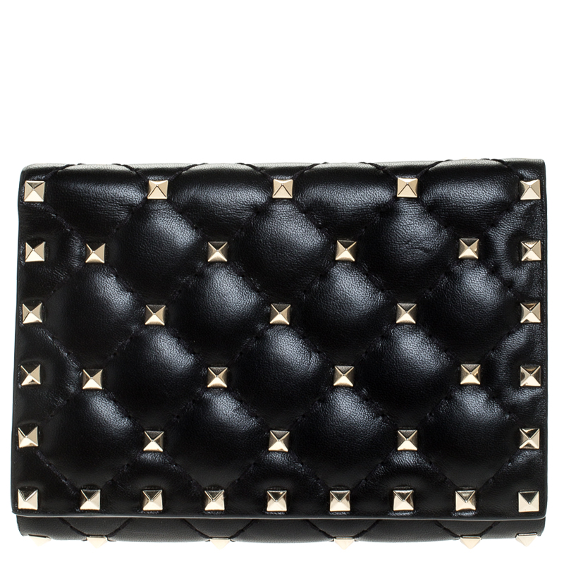 Valentino Black Leather Rockstud Spike Compact Wallet