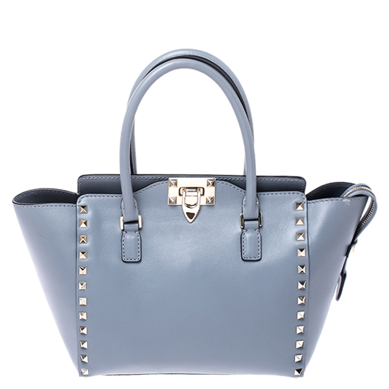 Pre Owned Valentino Pale Blue Leather Small Rockstud Trapeze Tote