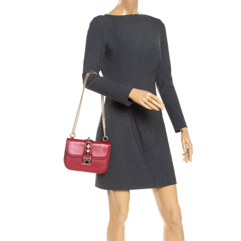 

Valentino Red Leather Small Rockstud Glam Lock Flap Bag