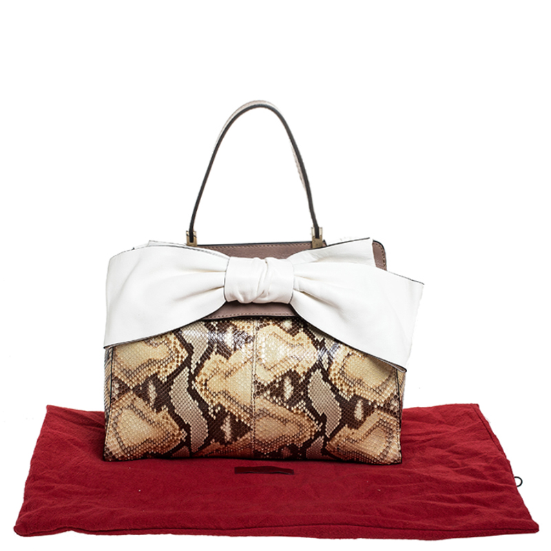 Pre-owned Valentino Garavani Black/beige Python Print Raffia And Patent Leather Aphrodite Bow Bag
