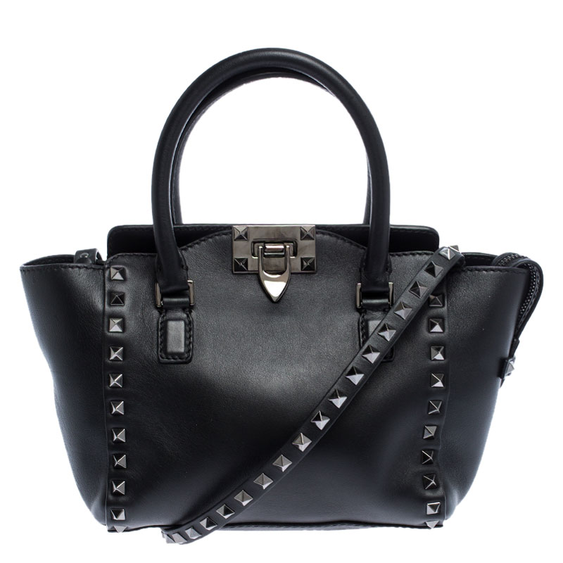 Pre Owned Valentino Black Leather Mini Rockstud Trapeze Tote
