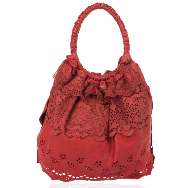 Valentino Dove Red Leather Laser Cut Lace Handbag 