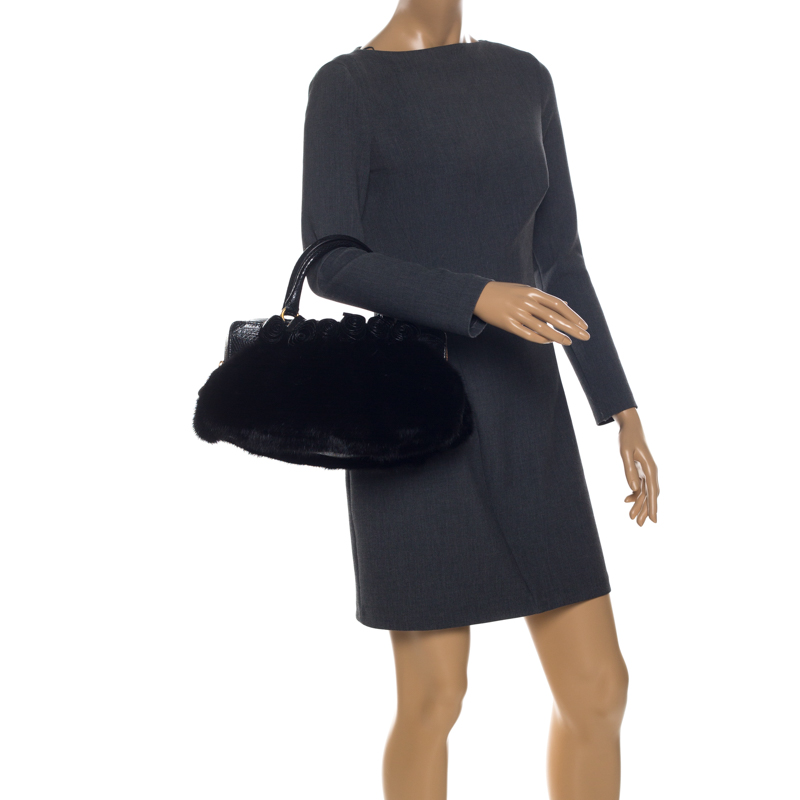 

Valentino Black Applique Fur and Snake Skin Bag