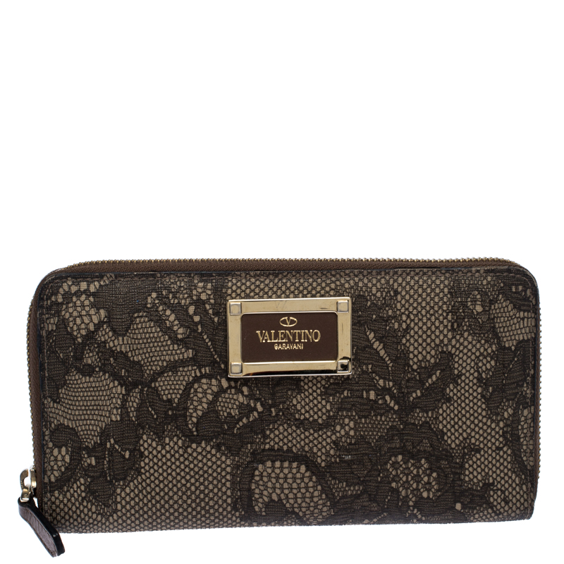 Pre Owned Valentino Black/Beige Lace Print Leather Zip Around Continental Wallet