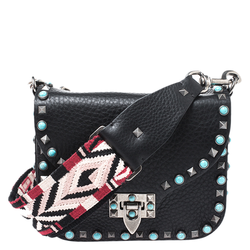 Pre Owned Valentino Black Leather Guitar Rolling Rockstud Shoulder Bag