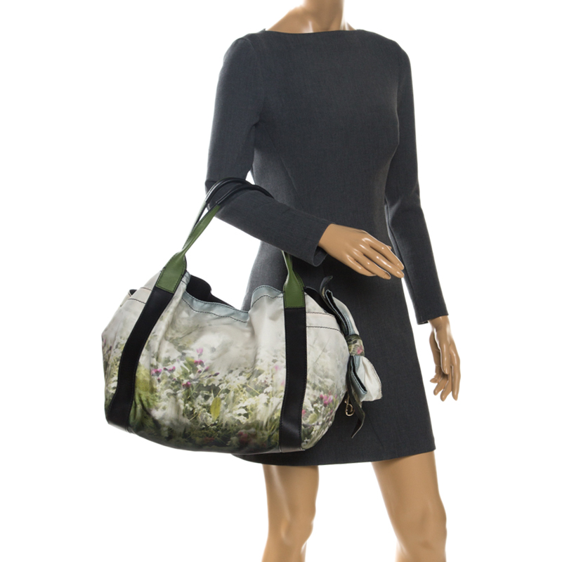 

Valentino Green/Black Printed Nylon and Leather Double Pocket Bow Tote