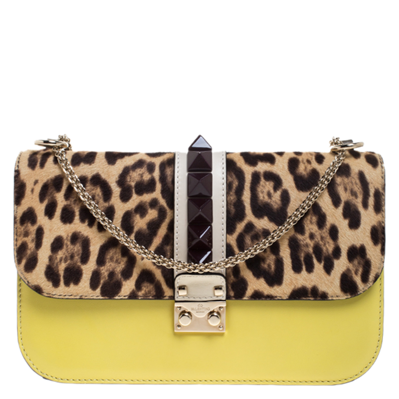 Pre Owned Valentino Multicolor Leather and Fur Rockstud Medium Glam Lock Flap Bag