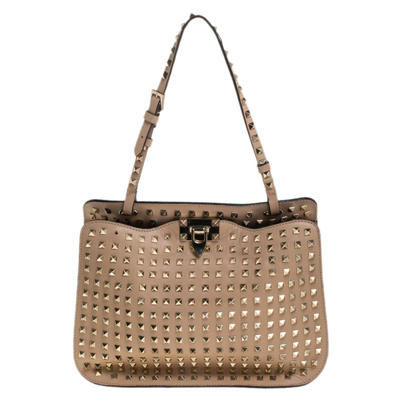 Pre Owned Valentino Beige Leather Studded Rockstud Tote