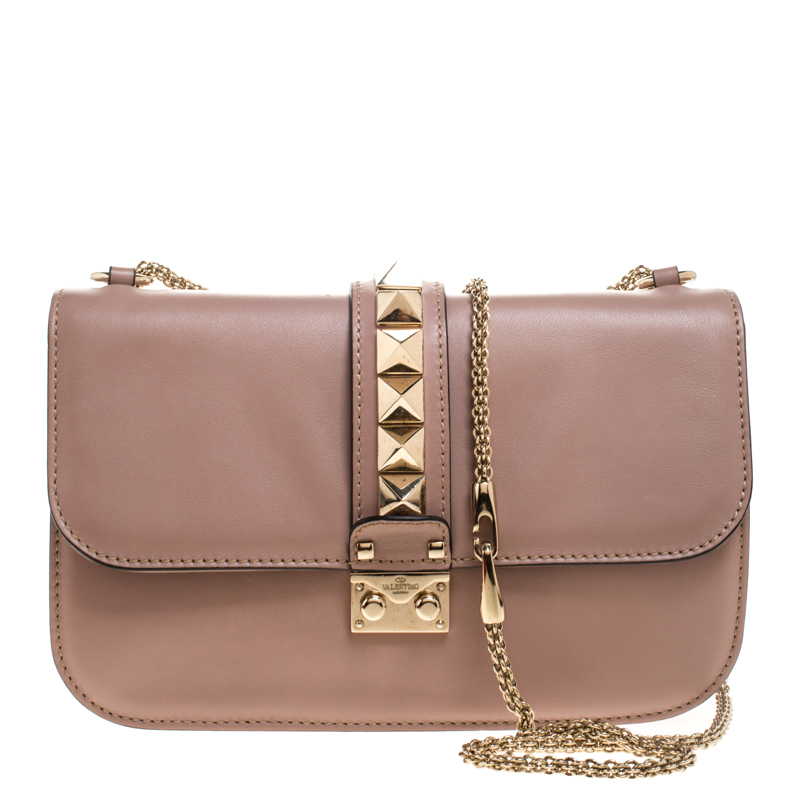 Pre Owned Valentino Beige Leather Rockstud Medium Glam Lock Flap Bag