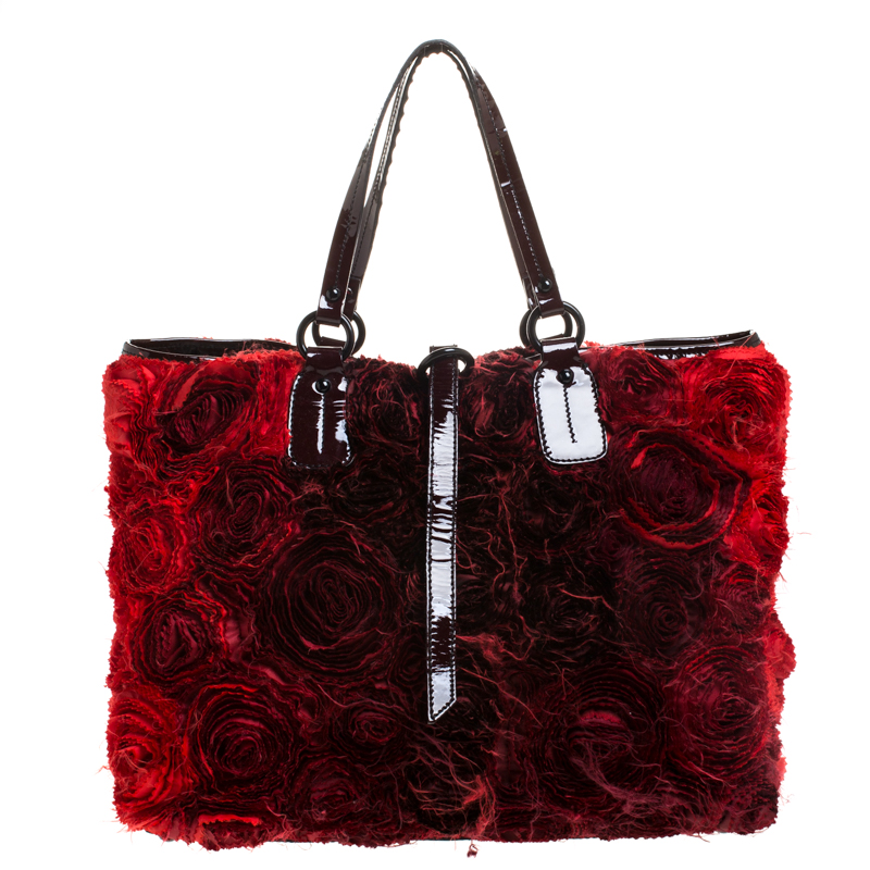 Valentino Red Floral Applique Satin and Patent Leather Shopper