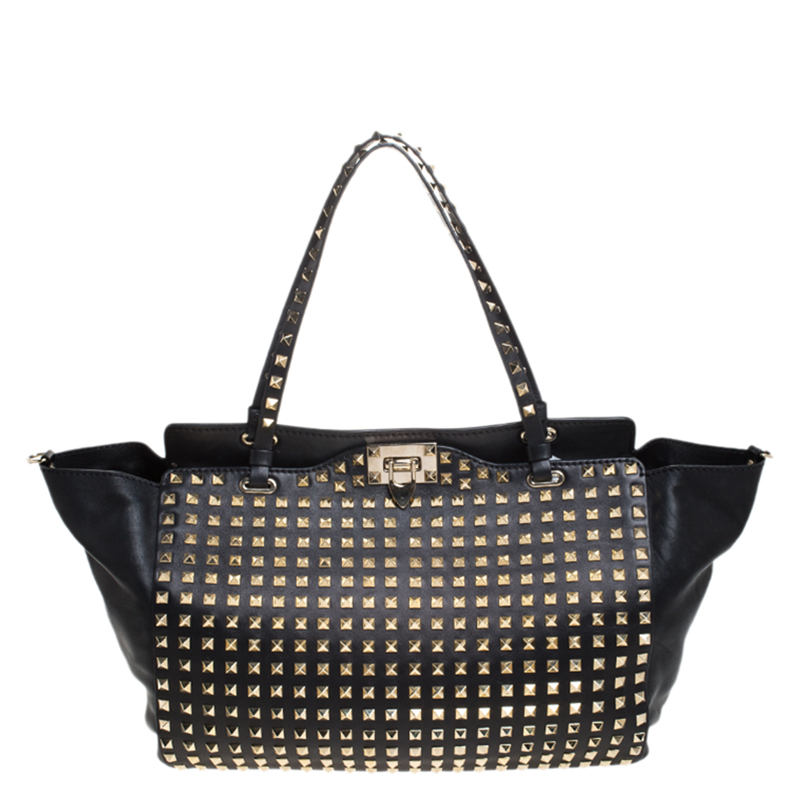 Pre Owned Valentino Black Leather Medium Rockstud Tote