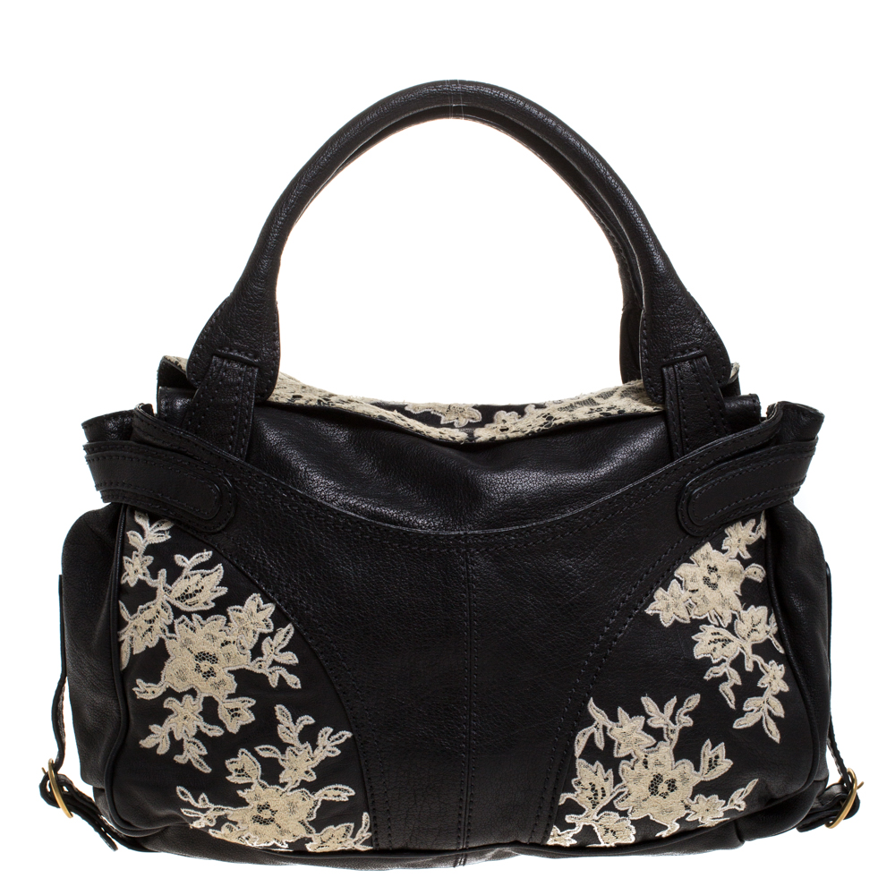 Pre Owned Valentino Black Leather and Lace Embroidered Satchel