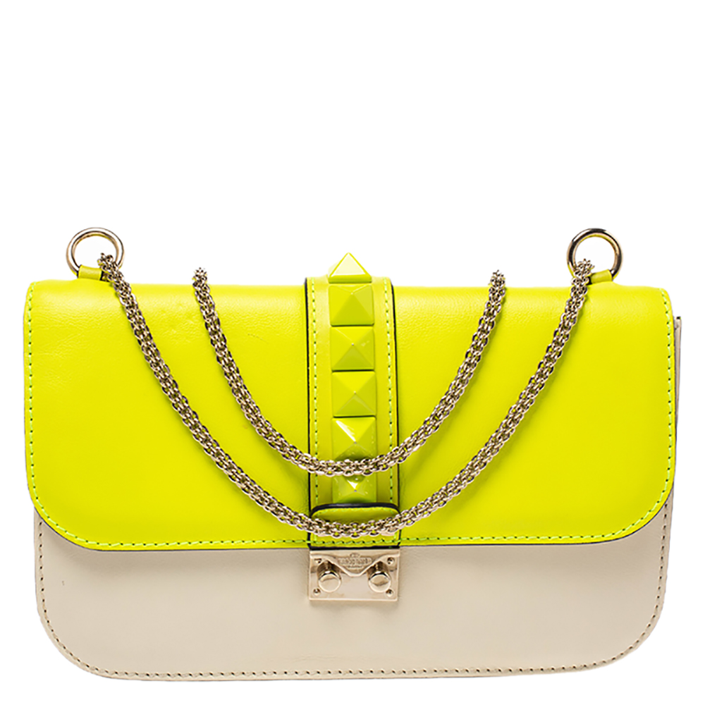 Valentino Neon Green/Cream Leather Rockstud Medium Glam Lock Flap Bag ...