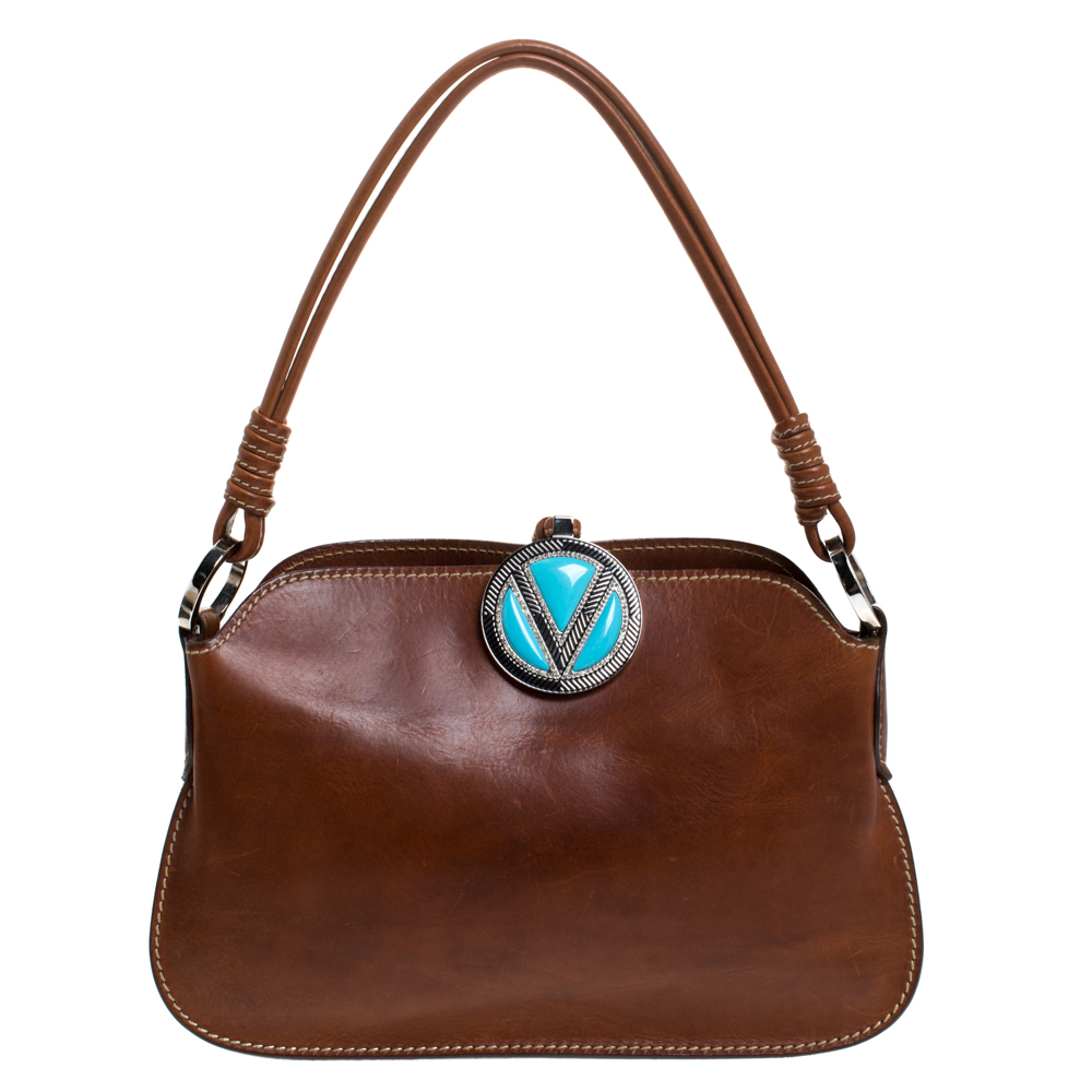 Pre Owned Valentino Brown Leather V Ring Shoulder Bag