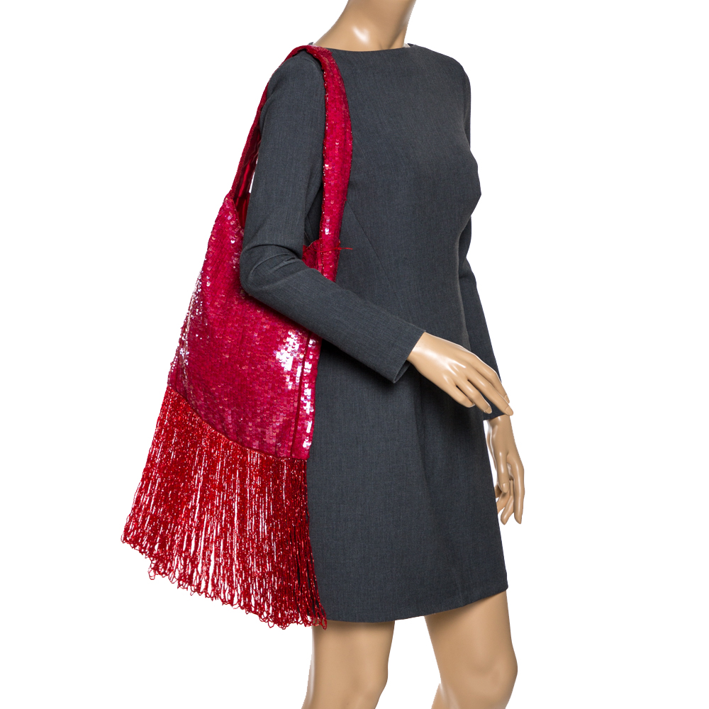 

Valentino Red Sequins Beaded Tassel Shoulder Bag