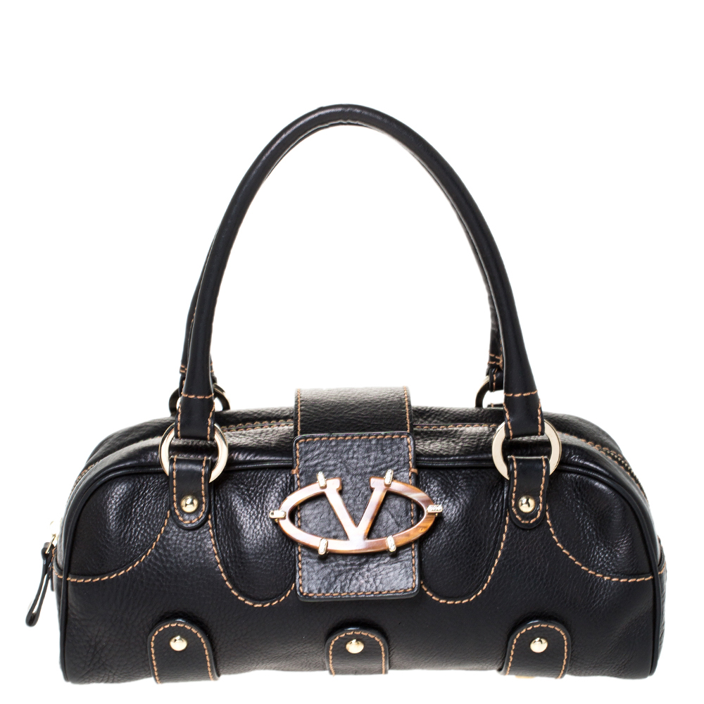 Pre Owned Valentino Black Leather Crystal Catch Satchel