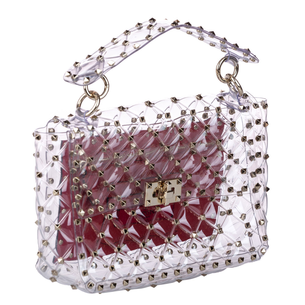 

Valentino Clear Vinyl Rockstud Plexi Spike Top Handle Bag, Red