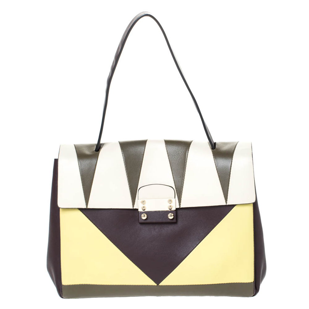 Pre Owned Valentino Multicolor Leather  Colourblock Top Handle Bag