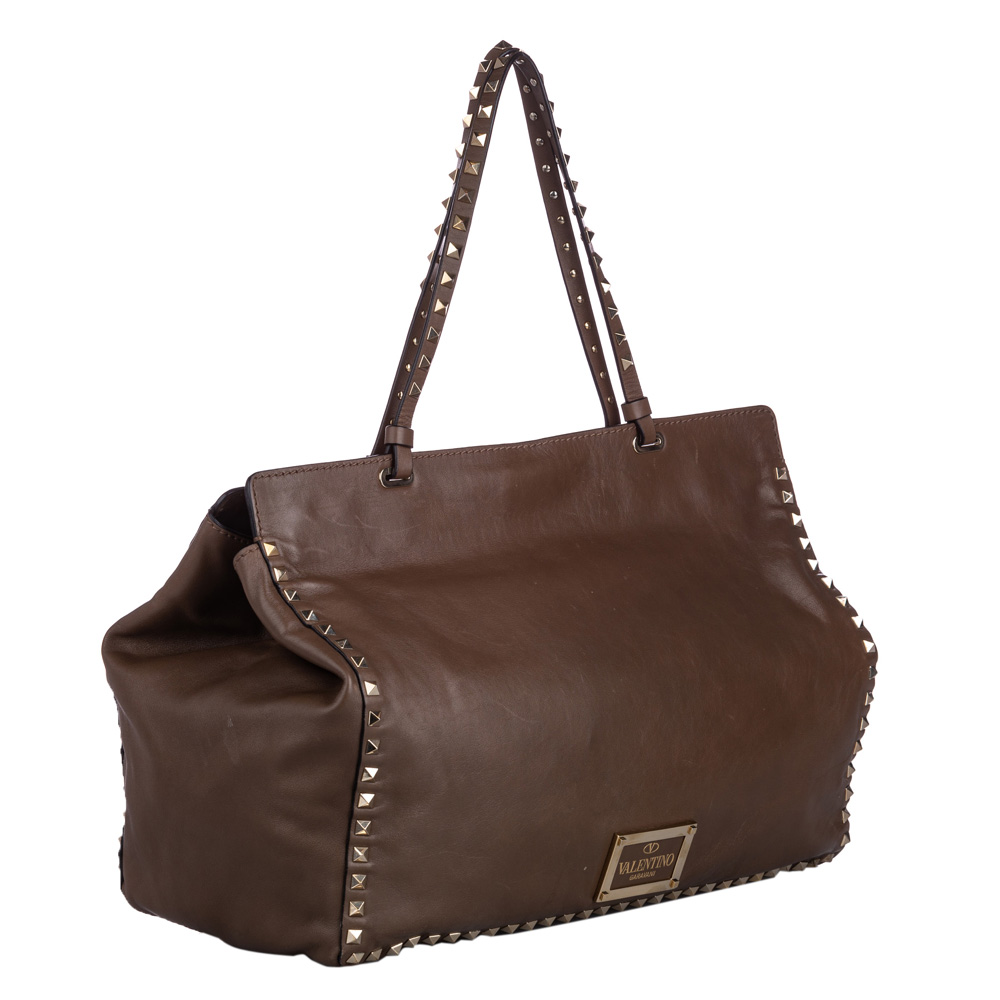 

Valentino Brown Rockstud Leather Tote Bag