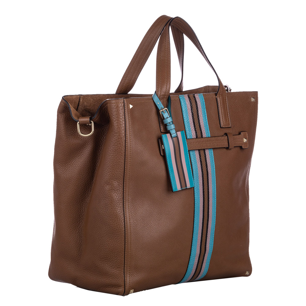 

Valentino Brown/Blue Leather Rockstud Stripe Satchel Bag