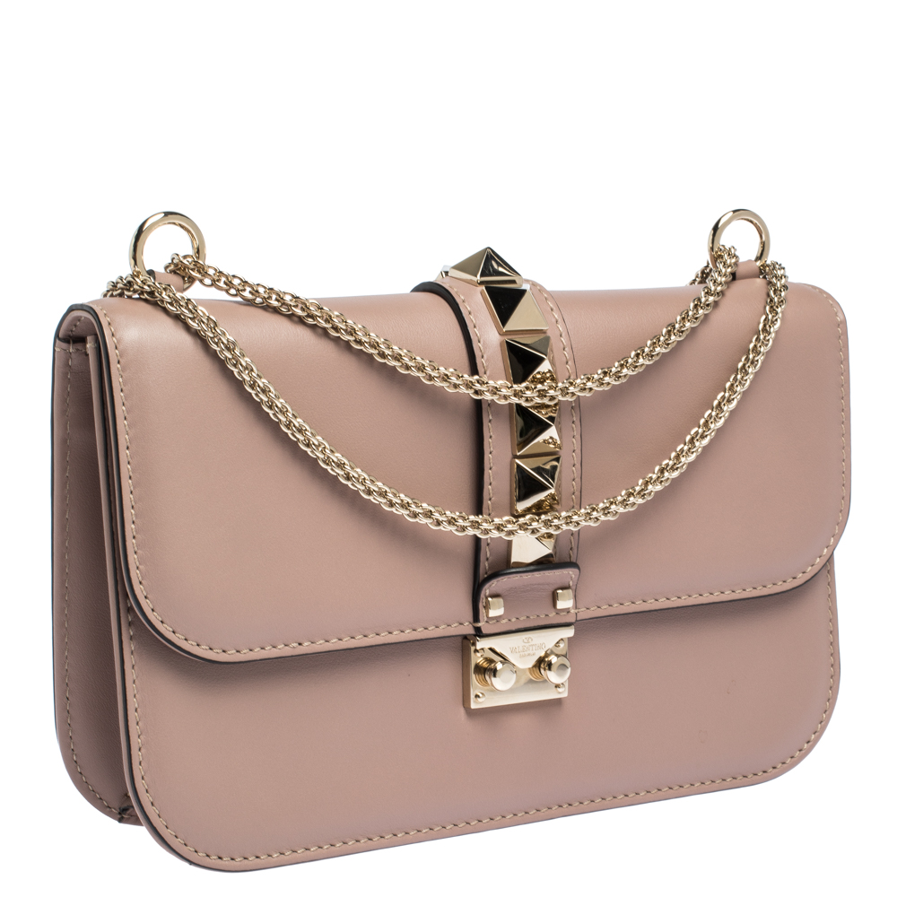 Valentino Nude Beige Patent Leather Rockstud Spike Top Handle Bag