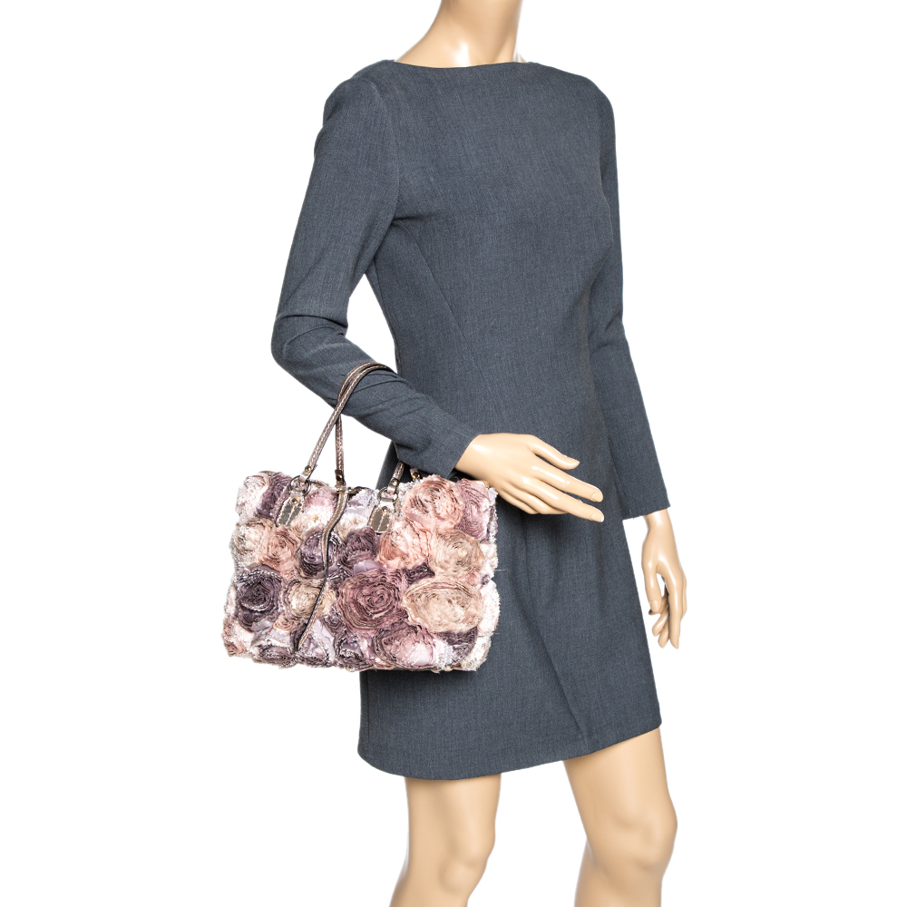 

Valentino Multicolor Flower Applique Satin and Leather Tote