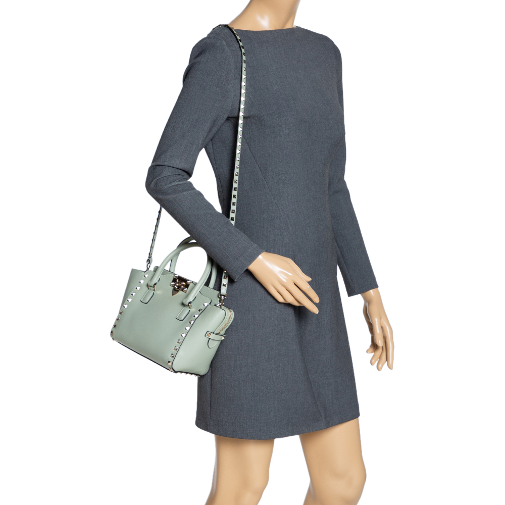 

Valentino Mint Green Leather Mini Rockstud Trapeze Tote