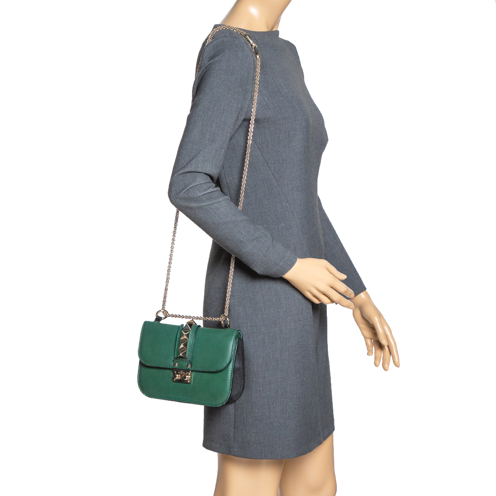 

Valentino Green/Black Leather Small Rockstud Glam Lock Flap Bag