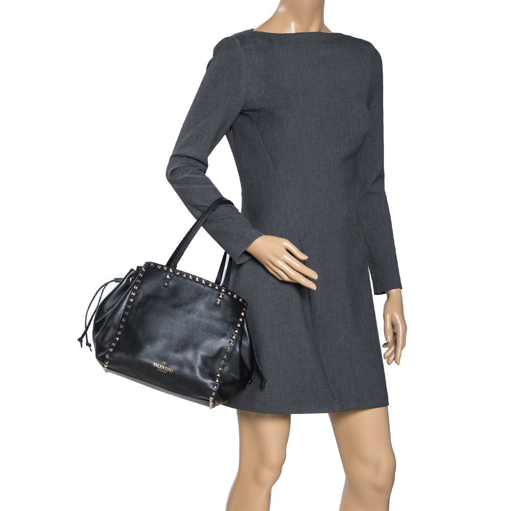 

Valentino Black Leather Rockstud Drawstring Tote