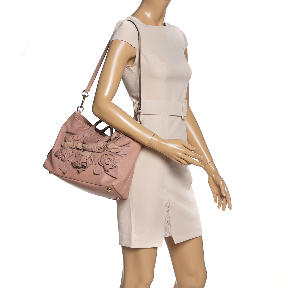 

Valentino Old Rose Leather Floral Applique Tote, Pink